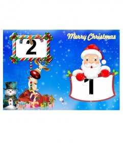 L"emblematico Rudolf e Babbo Natale hanno due cornici incluso in questo post di auguri di Natale pieghevole blu. Appare anche goodie bag da Babbo Natale e temi natalizi e festivi