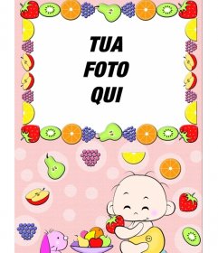Bambino cornice fotografica, dove si vede un bambino di mangiare frutta e telaio circondato da frutta