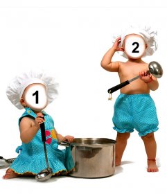 Fotomontaggio con due bambini vestiti cuocere a metterli faccia