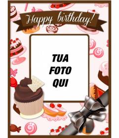 Cartolina di compleanno con una foto e personalizzare il testo e torte Cupcakes rosa e marrone e un grande fiocco