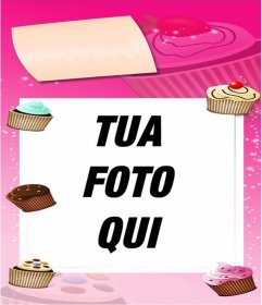 Scheda di compleanno nei colori rosa decorato con Cupcakes a mettere una foto in background