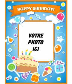 Carta di compleanno per congratularmi con il compleanno e mettere una foto online con una torta, palloncini e regali con effetto adesivo