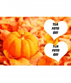 Collage per due foto con una zucca e foglie che cadono 
