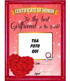 Certificato per la migliore amica al mondo, con le rose rosse a forma di cuore da personalizzare con una foto