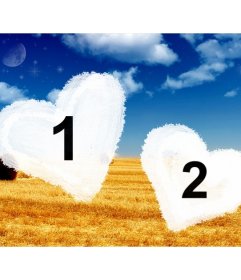 Collage di amore con due cuori disegnati con il gesso per inserire le immagini e una