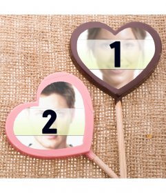 Collage di amore per inserire due foto in lecca-lecca di cioccolato di colore