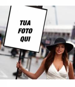 Fotomontaggio con la foto di una ragazza di Formula Uno con un segno di mettere la tua foto