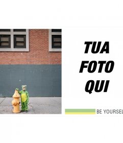 Collage con un bambino vestito da rana "Sii te stesso" motto