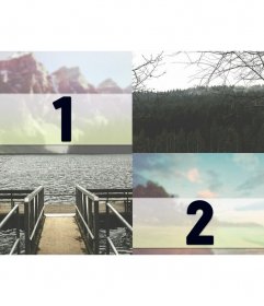Collage con lassemblaggio di un lago in montagna per due fotografie