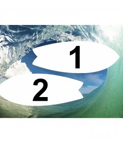 Collage di onde e surf tra due cornici a forma di tavola da surf
