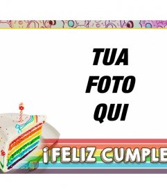 Scheda di compleanno con torta e cornice arcobaleno di colori