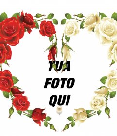 Photo frame di un cuore con rose rosse e bianche 