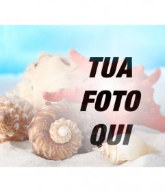 Fotomontaggio per fare un collage con conchiglie di mare e conchiglie nella sabbia sulla spiaggia su una foto di voi