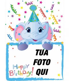 Scheda di compleanno in cui comprenderà una fotografia tenuto da un elefante blu. Fondo di partito