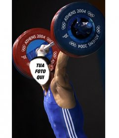 Fotomontaggio di dare un volto a un sollevatore di pesi in blu, che si occupa di sollevamento pesi durante le Olimpiadi di Atene. Per mostrare, senza sforzo di sollevamento oltre 100 kg