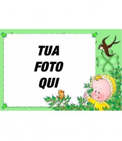 Photo frame per i bambini con sfondo verde, gli uccelli e un bambino