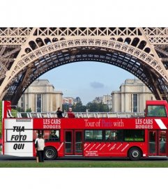 Inserire la tua foto in un manifesto pubblicitario di un tour bus sotto la Torre Eiffel a Parigi