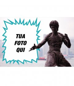 Collage con una statua di Bruce Lee 