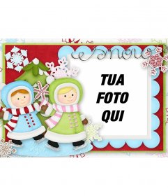 Illustrato Cartolina di Natale con due ragazze che giocano per decorare la vostra foto