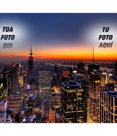 In questo collage La foto appare due volte, espressi nel cielo di New York. spettacolare immagine di un tramonto con le luci dei grattacieli illuminati