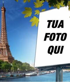 Fotomontaggio con la città di Parigi e la Torre Eiffel su sfondo di mettere la vostra foto su un cartellone