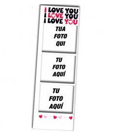 Fotomontaggio stile photobooth, per 3 foto specialmente per gli amanti con testo e cuore I LOVE YOU