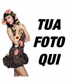 Fotomontaggio con la cantante Katy Perry con i fiori e lo stile Pinup con abito nero e capelli neri con il botto