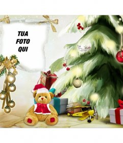 Fotomontaggio di Natale con un albero di Natale e lorso