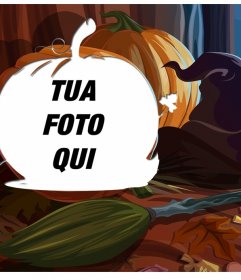 Collage con zucche, streghe cappello e scopa