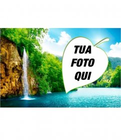 Le foreste e cascate in un collage naturale, incorniciato da una foglia