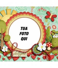 Photo frame per decorare la tua foto con una rana, vegetazione e cuori rossi