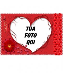 Cartolina con fiori rossi, e un grande cuore. Per San Valentino