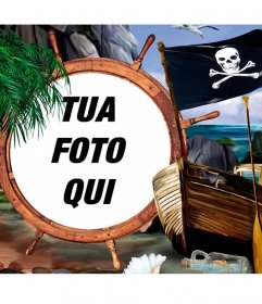 Composizione con una bandiera dei pirati, una nave e tesori, per mettere la tua foto su un timone. Docks