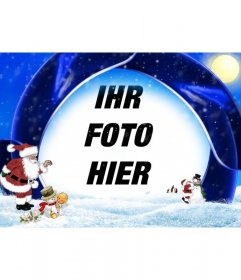 Weihnachtskarte blauem Hintergrund und Schnee, in dem Ihr Bild einzufügen, sind Santa Claus, ein Junge und Schneemänner