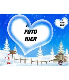Postkarte mit blauem Hintergrund und schneebedeckten Landschaft, die wir begrüßen Winterpause, mit einem herzförmigen Rahmen, in dem Sie Ihr Foto einzufügen