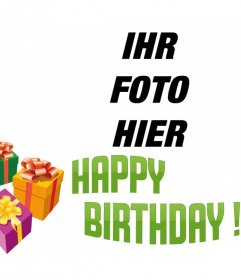 Fotomontage, eine Geburtstagskarte mit Ihrem Bild mit dem Text GLÜCKLICH BIRTHDAY