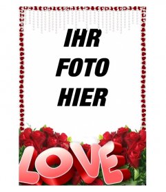 Rahmen für Fotos von jungen Herzen mit dem Text Liebe und Rosen