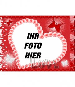 Postkarte zum Valentinstag herzförmigen, roten Hintergrund, Schmetterlinge und das Wort LOVE