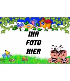 Fotorahmen für Kinder von glücklichen Bären mit grünen Grenzen und Blumen