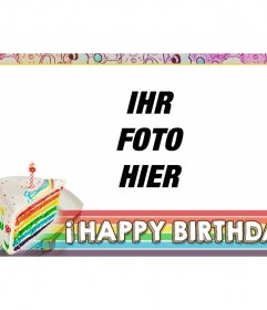 Geburtstagskarte mit Regenbogen-Kuchen und rosa Rahmen