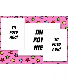 Personalisierte Geburtstagskarte mit 3 Fotos dabei. Pink Hintergrund mit bunten Sternen. Laden Sie die drei Bilder und E-Mail senden
