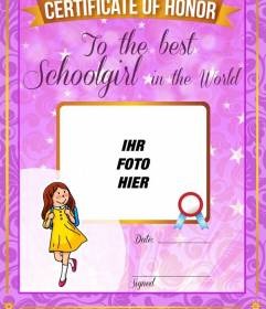 Zertifikat mit einem Foto an die beste studentische in der Welt mit einem lila Rahmen anmelden