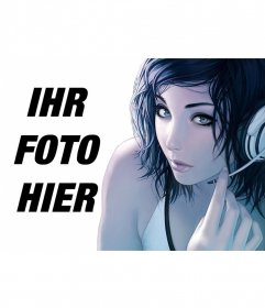 Zeichnung manga girl mit Headset schaut in die Kamera