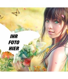 Collage mit Schmetterlingen und einer Zeichnung von einem Mädchen Blumen pflücken auf dem Feld