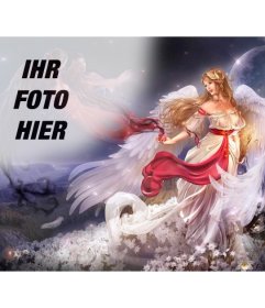 Erstellen Sie eine Collage mit einem Online geflügelte Frau Engel in einer Fantasy-Welt, umgeben von Blumen