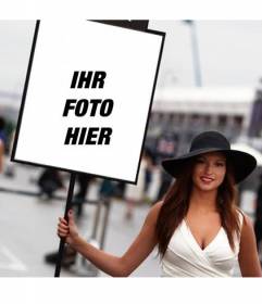 Fotomontage mit einem Foto eines Formula One Mädchen mit einem Schild um Ihr Foto setzen