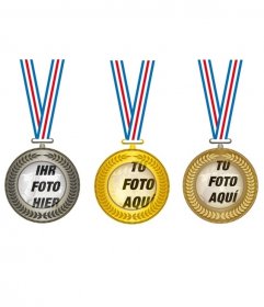 Collage mit drei Goldmedaillen, Silber und Bronze, in der Mitte drei Fotos der Champions setzen