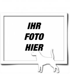 Digitaler Bilderrahmen, die von einem grauen Rahmen und weiße Silhouette eines Hundes mit dem Schwanz hob besteht, als hätte er eine Spur gefunden