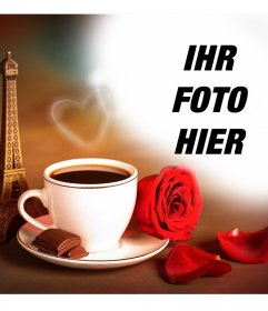 Fotoeffekt der Liebe mit dem Eiffelturm in Paris und einem Kaffee
