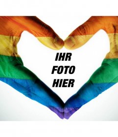 Fotoeffekt von zwei Händen mit Regenbogenfarben 